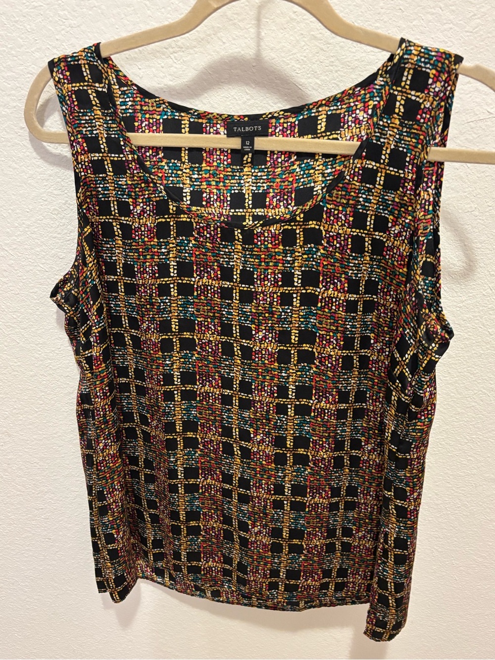 Talbots Colorful 100% Silk Sleeveless Blouse Scoop Neck Size 12